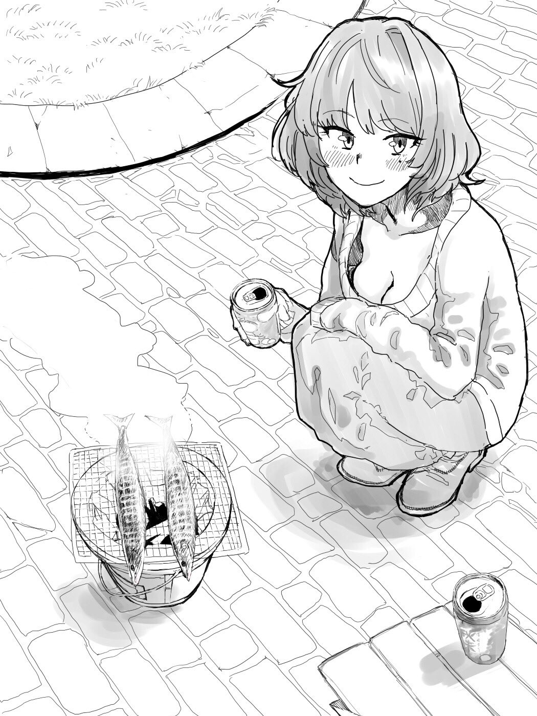 1girl blush can commentary_request cooking downblouse female_focus fish food from_above full_body greyscale grill grilling haioku_colonel highres holding holding_can idolmaster idolmaster_cinderella_girls long_skirt long_sleeves looking_at_viewer medium_hair mole mole_under_eye monochrome outdoors saury shoes skirt smile smoke solo squatting stone_floor sweater takagaki_kaede