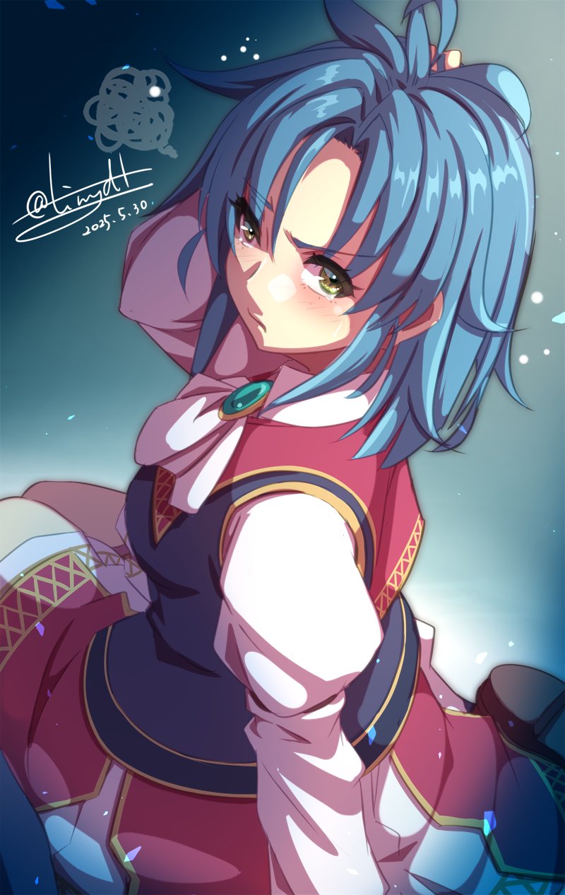 1girl ahoge ascot blue_hair brooch brown_eyes curtained_hair dated eiyuu_densetsu highres jewelry josette_capua looking_at_viewer parted_bangs short_hair signature skirt solo sora_no_kiseki tinybiard twitter_username white_ascot