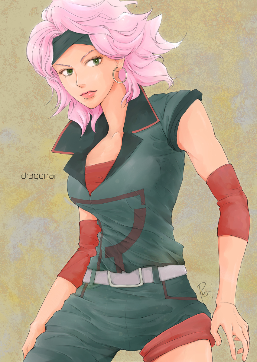 artist_name asymmetrical_clothes green_eyes headband highres kikou_senki_dragonar lee_sue_min pink_hair
