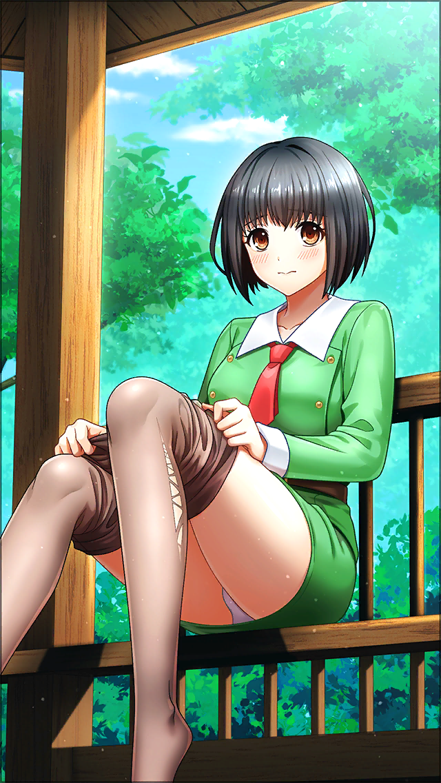 1girl black_hair blush brown_eyes closed_mouth clothes_pull day doukyuusei doukyuusei_(series) doukyuusei_another_world embarrassed game_cg green_jacket green_skirt grey_pantyhose jacket long_sleeves miniskirt necktie official_art outdoors panties pantyhose pantyhose_pull pantyshot pencil_skirt pulling_own_clothes red_necktie saitou_ako short_hair sitting skirt solo underwear white_panties