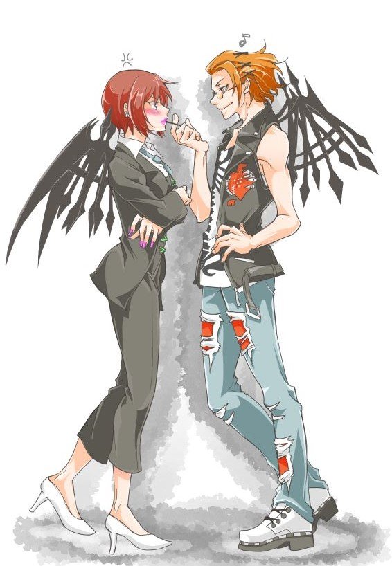 1boy 1girl anger_vein black_suit black_vest black_wings blue_eyes blue_necktie blush candy collared_shirt corset crossed_arms food formal_clothes glasses high_heels hetero jacket kariya_koki lipstick lollipop makeup musical_note necktie orange_hair pink_lips rectangular_eyewear shin_subarashiki_kono_sekai shirt smile spiked_wings subarashiki_kono_sekai suit suit_jacket vest white_footwear white_shirt wings yashiro_uzuki