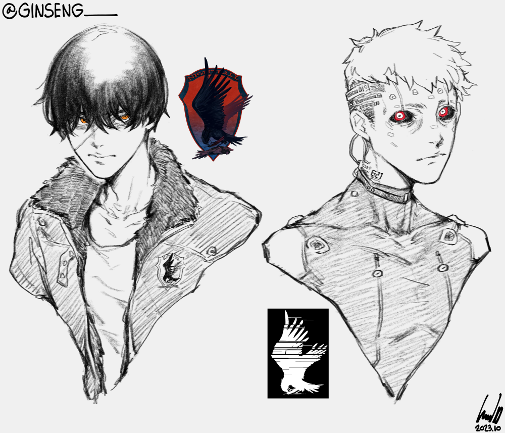 2boys 621_(armored_core_vi) armored_core armored_core_vi:_fires_of_rubicon artificial_eye bodysuit closed_mouth collarbone colored_sclera cropped_torso cyborg fur-trimmed_jacket fur_trim ginseng_(xin) jacket looking_at_viewer male_focus multiple_boys neck_tattoo orange_eyes partially_colored raven_(armored_core_vi) scar scar_on_face short_hair tattoo twitter_username undercut very_short_hair