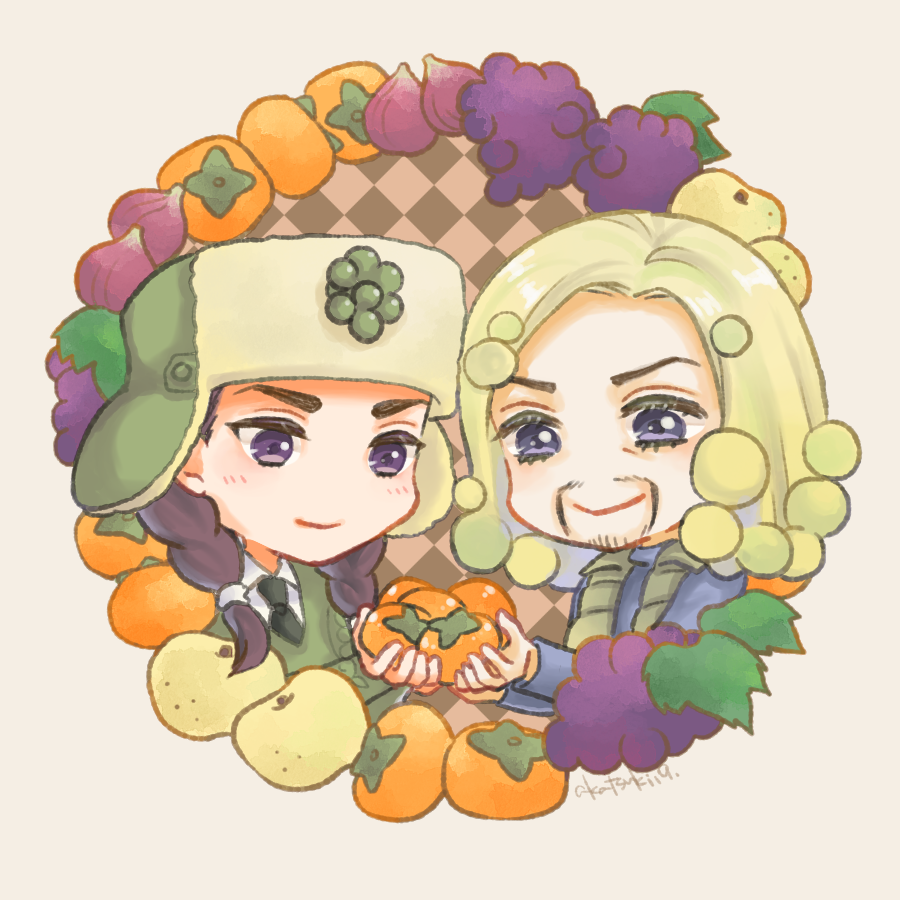 akatsuki19 beard black_hair black_necktie blonde_hair blue_eyes blue_shirt braid chibi collared_shirt commentary_request facial_hair food fruit fur_hat grapes green_sweater green_vest hair_bobbles hair_ornament hat higashikata_norisuke_iv jojo_no_kimyou_na_bouken jojolion long_hair male_focus mamezuku_rai mustache necktie orange_(fruit) purple_eyes shirt smile sweater twin_braids ushanka vest white_shirt