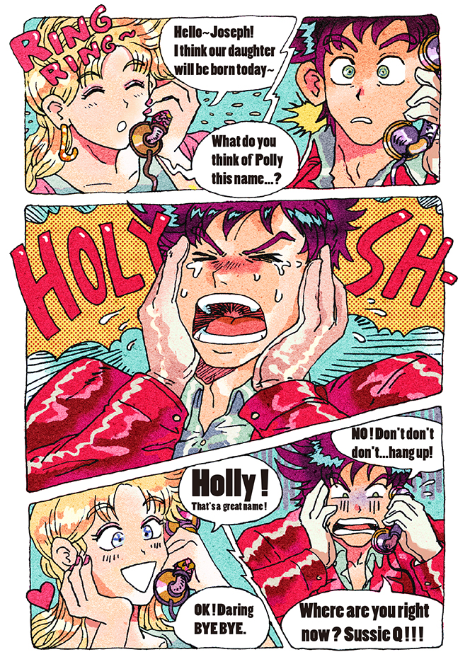 battle_tendency black_hair blonde_hair blue_eyes comic english_text gloves green_eyes hands_on_own_cheeks hands_on_own_face heart holding holding_phone husband_and_wife jacket jojo_no_kimyou_na_bouken jojo_pose joseph_joestar joseph_joestar_(young) kotobawa kuujou_holly phone pun purple_hair red_jacket shaded_face suzi_q talking_on_phone white_gloves