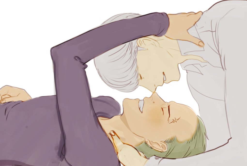 2boys adam&#039;s_apple black_shirt blonde_hair blush closed_eyes collared_shirt face-to-face grin hair_slicked_back hand_on_another&#039;s_neck hand_on_own_stomach long_sleeves lying male_focus multiple_boys narukami_yu on_back open_collar parted_lips persona persona_4 ponta_(aka_7280) profile scar scar_on_face scar_on_forehead shirt short_hair simple_background sleeves_past_wrists smile tatsumi_kanji teeth white_background wing_collar yaoi
