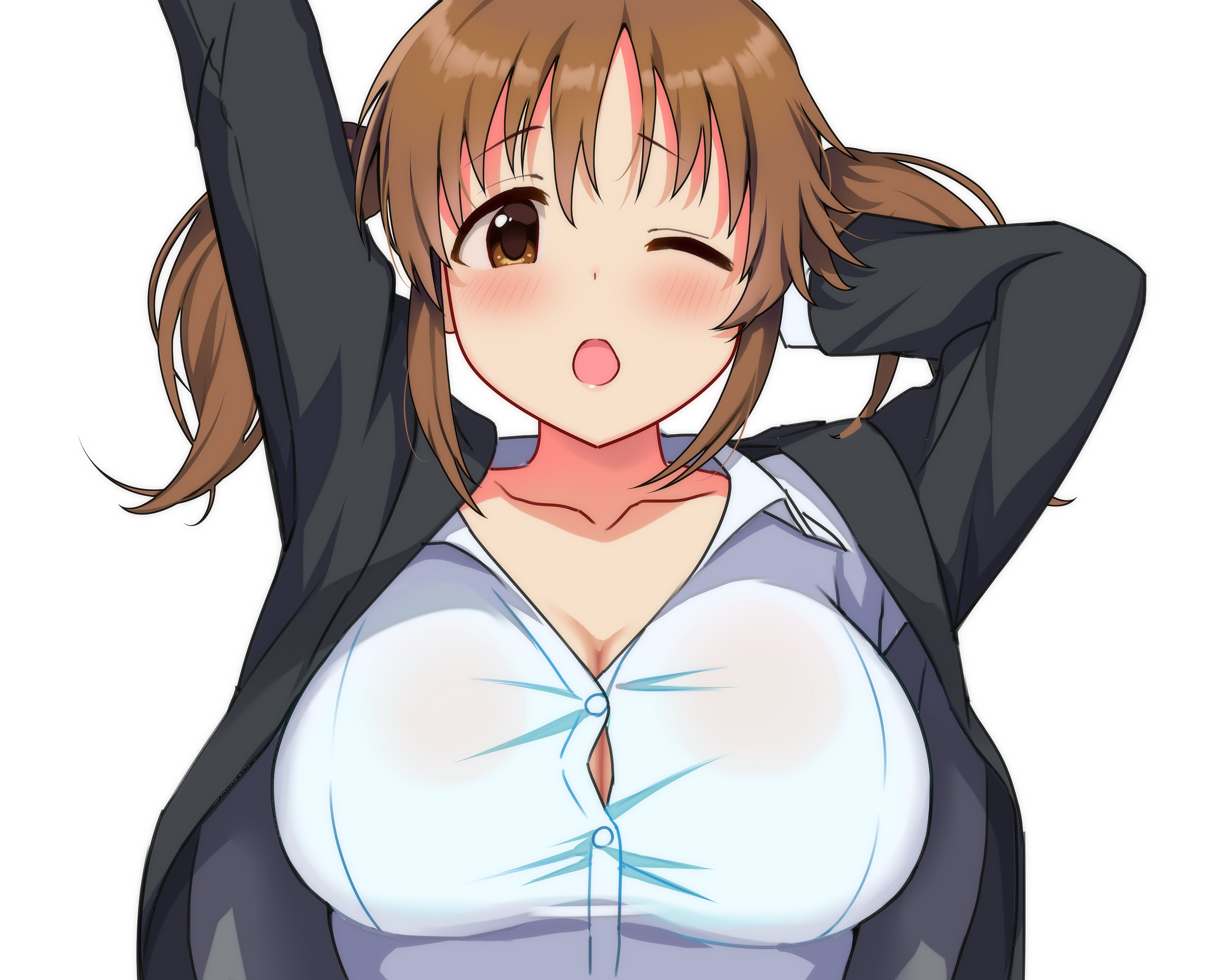 1girl arm_up black_jacket blush breasts brown_eyes brown_hair cleavage collarbone collared_shirt commentary_request highres idolmaster idolmaster_cinderella_girls jacket large_breasts long_hair long_sleeves looking_at_viewer lying natsuya_(natuya777) on_back open_clothes open_jacket open_mouth shirt simple_background solo totoki_airi twintails upper_body white_background white_shirt