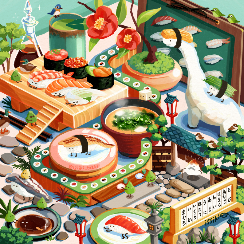 animal bird bowl cane commentary_request conveyor_belt_sushi duck facial_hair fish_(food) flower food food_focus glass_container holding holding_cane issiki_toaki lantern mustache nigirizushi no_humans original plant plate potted_plant soup soy_sauce steam stone_walkway sushi tobiko_(food) tree wasabi