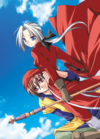 1boy 1girl angelo blue_eyes blue_sky blush brown_hair cloud day dragon_quest dragon_quest_viii hair_between_eyes head_tilt hero_(dq8) hetero holding holding_weapon hug indian_style kukuru_(dq8) long_hair lowres outdoors polearm ponytail red_eyes rod silver_hair sitting sky smile square_enix staff standing weapon