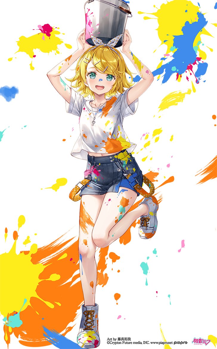 1girl aqua_eyes arms_up belt blonde_hair blue_eyes blush bucket bucket_on_head commentary_request copyright_notice denim denim_skirt fujima_takuya full_body hair_ornament hair_ribbon hairclip holding holding_bucket kagamine_rin leg_up looking_at_viewer midriff_peek navel object_on_head official_art open_mouth paint paint_on_body paint_on_clothes paint_splatter paint_splatter_on_face piapro_studio ribbon shirt shoes short_hair skirt smile sneakers solo standing standing_on_one_leg t-shirt vocaloid white_shirt