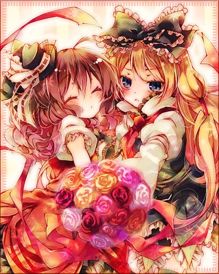 1boy 1girl amamiya_kabosu blonde_hair blue_eyes border brown_hair closed_eyes crossdressing dress frills gradient_background hair_ribbon hat henrietta_grimm long_hair ribbon rui_grimm smile striped_background zettai_meikyuu_grimm