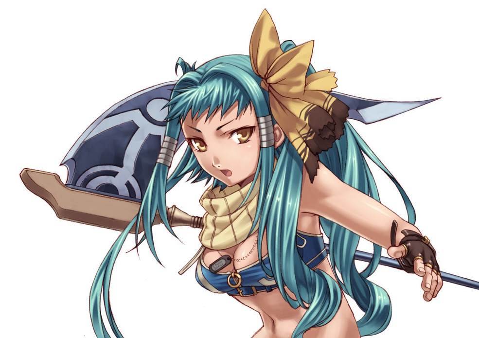 1girl blazing_souls blue_hair breasts carla_(blazing_souls) cleavage female_focus fingerless_gloves gloves hair_ribbon hirano_katsuyuki holding_behind_back holding_polearm holding_polearm_behind_back holding_weapon holding_weapon_behind_back jewelry long_hair midriff necklace official_art polearm ribbon scarf scythe serious solo spectral_(series) white_background yellow_eyes