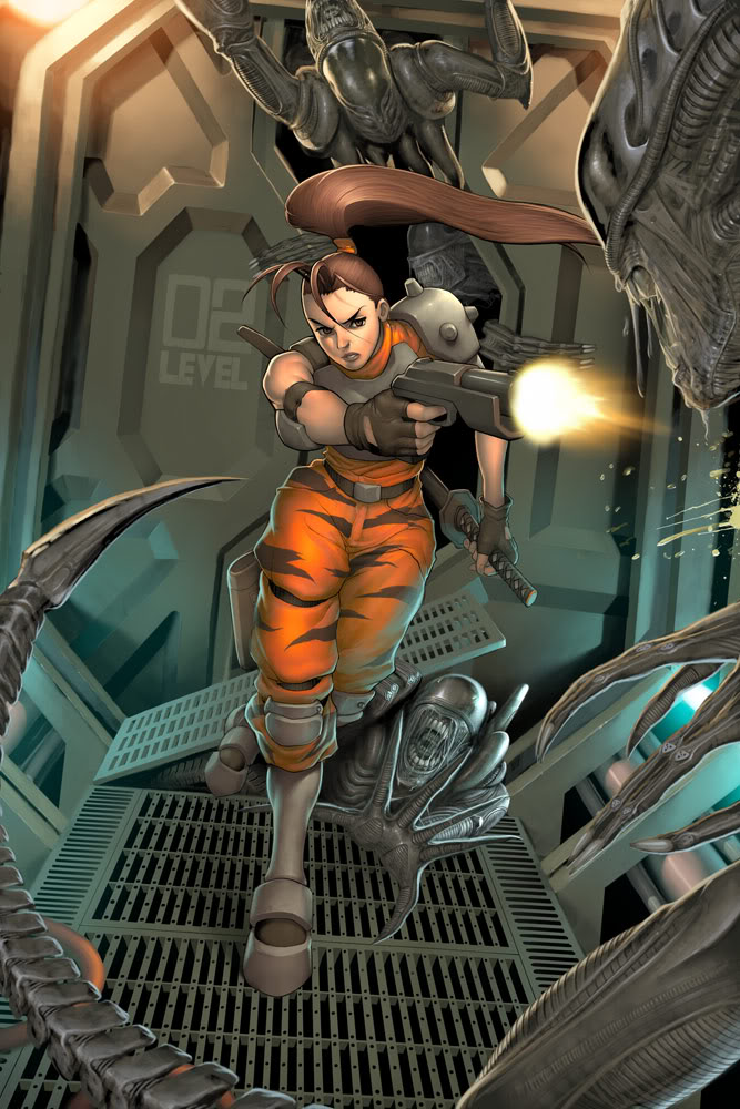 1990s_(style) 1girl alien alien_(1979) alien_(series) alien_vs._predator aliens_(1986) angry armor bad_end battle blood boots brown_eyes camouflage capcom colonial_marine cyborg door fingerless_gloves firing genzoman gloves gun hallway handgun holding holding_gun holding_weapon holster injury katana knee_pads linn_kurosawa military military_uniform monster muzzle_flash predator_(series) realistic retro_artstyle science_fiction shoulder_pads space_marine sword thigh_holster weapon xenomorph you_gonna_get_raped