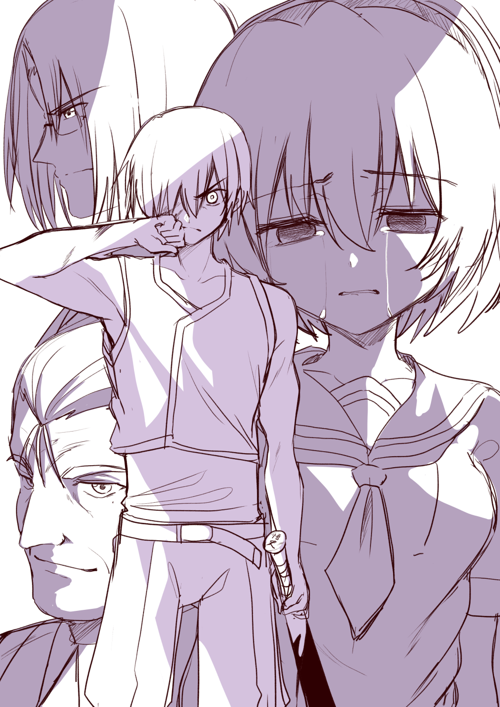 1girl 3boys baseball_bat belt breasts closed_mouth collarbone crying crying_with_eyes_open empty_eyes glasses hair_between_eyes hair_over_one_eye highres higurashi_no_naku_koro_ni holding holding_baseball_bat holding_sword holding_weapon houjou_satoko irie_kyousuke looking_at_viewer maebara_keiichi mahcdai monochrome multiple_boys neckerchief ooishi_kuraudo pants parted_lips ponytail profile purple_theme sailor_collar scar school_uniform serafuku serious shirt short_hair simple_background sleeveless smile standing sword tears weapon white_background
