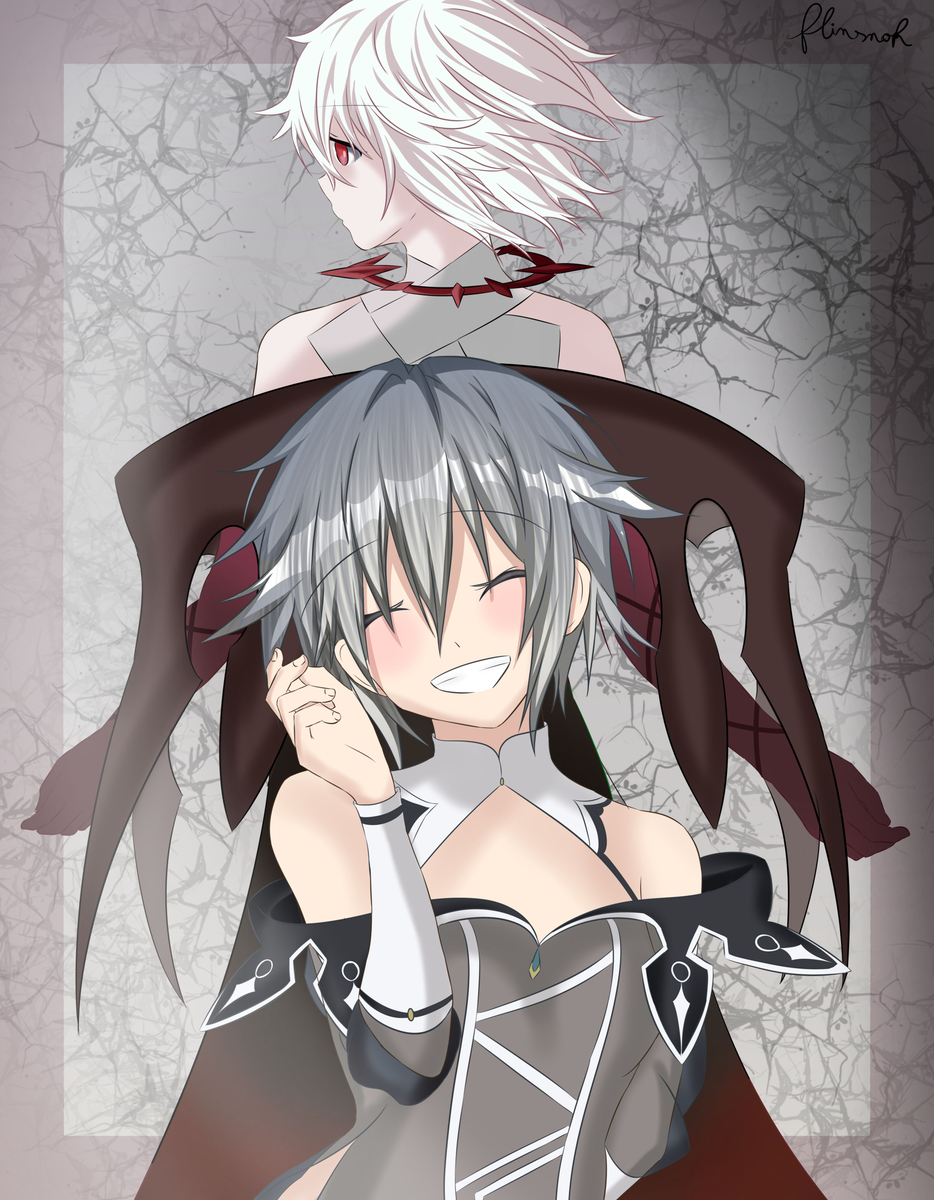 2girls back blue_eyes date_a_live flinsnok grey_background grey_hair highres honjou_nia looking_at_viewer multiple_girls nun short_hair smile