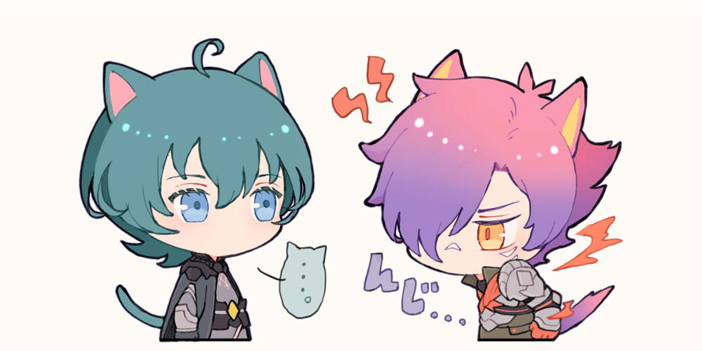 ... 2boys :&lt; ahoge animal_ears armor belt black_cape blue_eyes cape cat_boy cat_ears cat_tail chest_belt collared_shirt colored_eyelashes commentary_request cropped_torso facial_mark fire_emblem fire_emblem:_three_houses fire_emblem_warriors:_three_hopes gorget green_eyes hair_between_eyes kemonomimi_mode kuhaha male_byleth_(fire_emblem) male_focus male_shez_(fire_emblem) multiple_boys nintendo orange_eyes parted_hair parted_lips popped_collar purple_hair shirt short_hair simple_background speech_bubble spoken_ellipsis tail teeth white_background