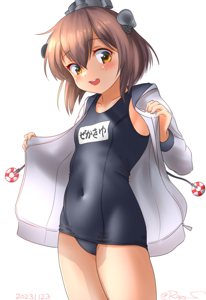 1girl blush breasts brown_eyes brown_hair covered_navel headgear jacket kantai_collection long_sleeves official_alternate_costume one-piece_swimsuit open_clothes open_jacket open_mouth ray.s school_swimsuit short_hair small_breasts smile speaking_tube_headset swimsuit yukikaze_(kancolle) yukikaze_(swimsuit)_(kancolle)