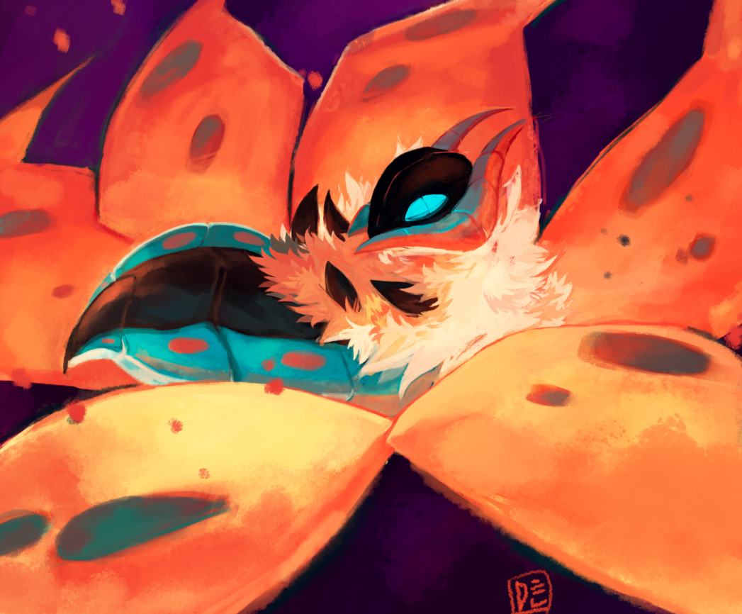 blue_eyes bug commentary creature delano-laramie english_commentary flying full_body gen_5_pokemon insect moth nintendo no_humans pokemon pokemon_(creature) purple_background signature simple_background volcarona