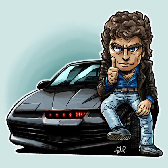 1boy animification belt black_jacket blue_background blue_eyes blue_footwear blue_pants blue_shirt brown_belt brown_hair car chest_hair chibi collarbone denim jacket jeans k.i.t.t knight_rider leather leather_jacket male_focus michael_knight motor_vehicle on_car on_vehicle pants pontiac pontiac_firebird pontiac_firebird_trans_am shirt sitting smile takedake_(motion_animator) thumbs_up v-shaped_eyebrows vehicle_focus
