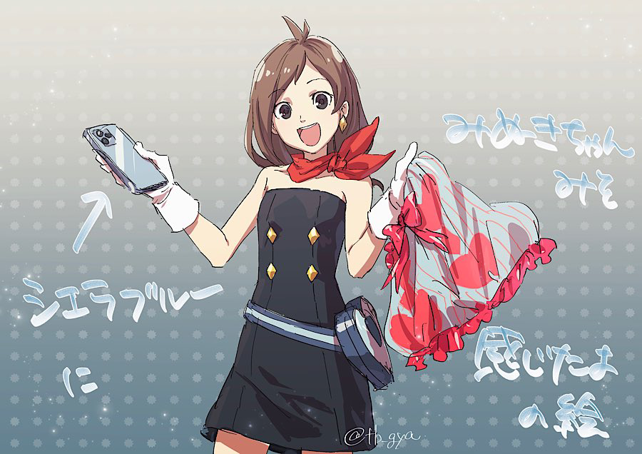 1girl :d ace_attorney antenna_hair bare_shoulders belt_pouch black_dress bloomers bow bow_bloomers breasts brown_eyes brown_hair buttons cellphone commentary_request diamond_button diamond_earrings dress earrings frills hands_up heart heart_print holding holding_phone jewelry long_hair looking_at_viewer open_mouth phone polka_dot polka_dot_background pouch red_bow red_scarf scarf small_breasts smartphone smile solo standing taba_(tb_gya) teeth translation_request trucy_wright underwear upper_teeth_only wrist_cuffs