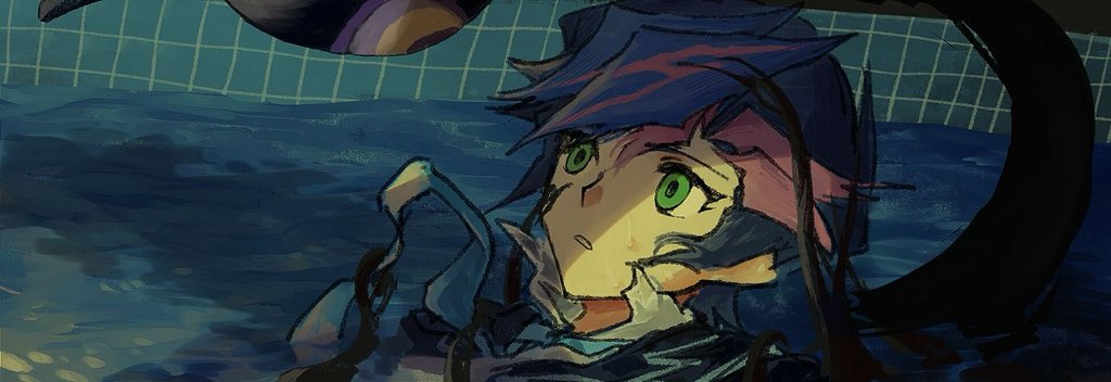 1boy black_jacket blue_hair blue_necktie colored_bangs crack_of_light dress_shirt facing_to_the_side fujiki_yusaku green_eyes in_water indoors jacket leaning_back light_rays looking_at_another looking_to_the_side looking_up loose_necktie male_focus monster necktie novale110 one-eyed pool popped_collar shirt spiked_hair swimming tentacles tentacles_on_male tile_wall tiles wet wet_clothes wet_hair white_shirt yellow_eyes yu-gi-oh! yu-gi-oh!_vrains