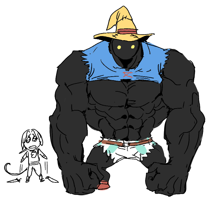 abs black_mage_(final_fantasy) black_skirt blue_coat boots brown_boots coat dede_(qwea_00000) dropped_object final_fantasy final_fantasy_ix hat looking_at_another low_ponytail male_focus monkey_tail muscular muscular_male open_mouth pants parted_bangs pectorals ponytail sketch skirt striped_clothes striped_pants tail torn_clothes torn_coat torn_pants vivi_ornitier white_background wizard_hat yellow_eyes zidane_tribal