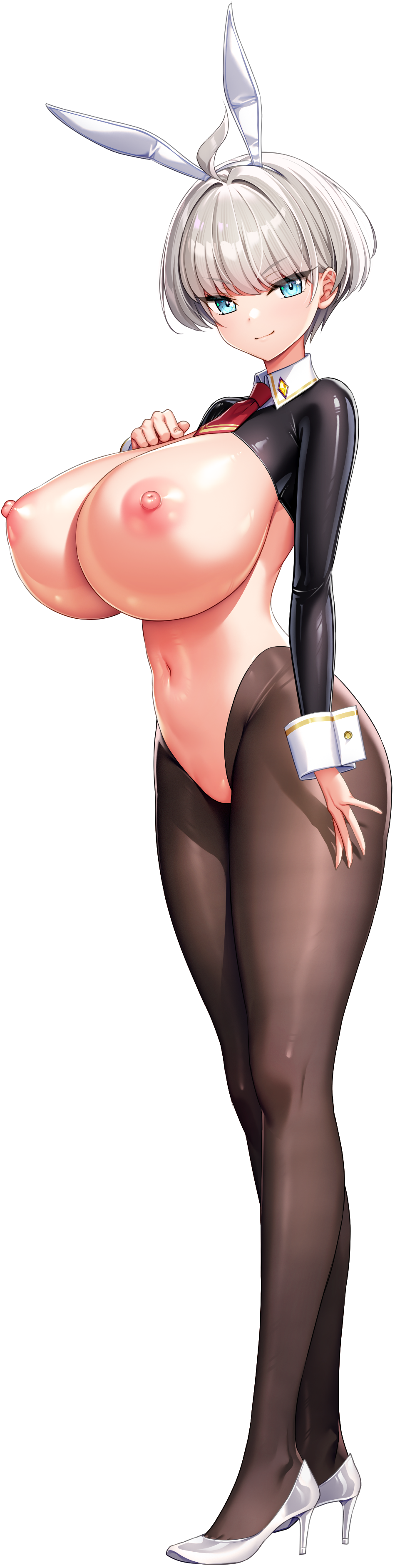 1girl absurdres ahoge animal_ears areola_slip arm_at_side black_pantyhose black_shrug blue_eyes breasts cleavage closed_mouth collared_shrug crotchless crotchless_pantyhose derauea fake_animal_ears frontless_outfit game_cg grey_hair hair_intakes hand_on_own_chest headband high_heels highres huge_breasts latex latex_shrug light_blush looking_at_viewer meme_attire miinya_prenavas8102 motto!_haramase!_honoo_no_oppai_isekai_oppai_bunny_gakuen! navel nipples no_pussy non-web_source official_art pantyhose pasties pink_pasties rabbit_ears revealing_clothes reverse_bunnysuit reverse_outfit shoes short_hair shrug_(clothing) smile smirk solo tachi-e transparent_background white_headband white_shoes white_wrist_cuffs wrist_cuffs