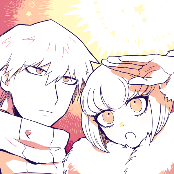1boy 1girl :o ando_ruruka arm_up brown_eyes closed_mouth danganronpa_(series) danganronpa_3_(anime) expressionless fur_collar izayoi_sounosuke jacket multicolored_background open_mouth portrait shimada_(dmisx) short_hair wrist_cuffs