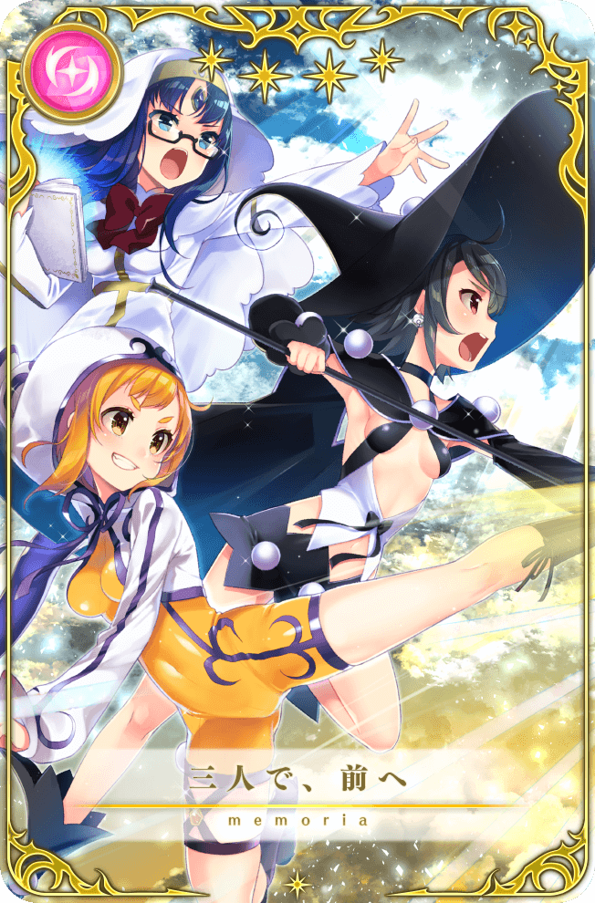3girls ahoge attack black-framed_eyewear black_bow black_cape black_choker black_footwear black_hair black_hat black_ribbon black_skirt black_sleeves blue_eyes blue_gemstone blue_hair blue_sky book boots bow bowtie breasts brown_eyes cape card_(medium) choker cloud coif corset covered_navel cross cross_print day detached_sleeves determined dress earrings eyelashes feet_out_of_frame footwear_ribbon forehead_jewel furrowed_brow game_cg gem glasses gleam grin hat holding holding_book holding_staff hood hood_up hooded_jacket jacket jewelry kazumi_(madoka_magica) kicking kourui layered_sleeves light_particles long_hair long_sleeves magia_record:_mahou_shoujo_madoka_magica_gaiden magical_girl mahou_shoujo_kazumi_magica mahou_shoujo_madoka_magica maki_kaoru medium_breasts microskirt misaki_umika multiple_girls neck_ribbon o-ring o-ring_thigh_strap official_art open_book open_clothes open_jacket open_mouth orange_gemstone orange_hair orange_romper outdoors outstretched_arm parted_bangs picture_frame pom_pom_(clothes) purple_ribbon red_bow red_bowtie ribbon short_hair short_over_long_sleeves short_sleeves skirt sky small_breasts smile sparkle sphere_earrings staff star_(symbol) teeth thigh_strap tight_clothes translated underboob upper_teeth_only veil waist_bow white_corset white_dress white_jacket white_veil wide_brim witch_hat yellow_eyes