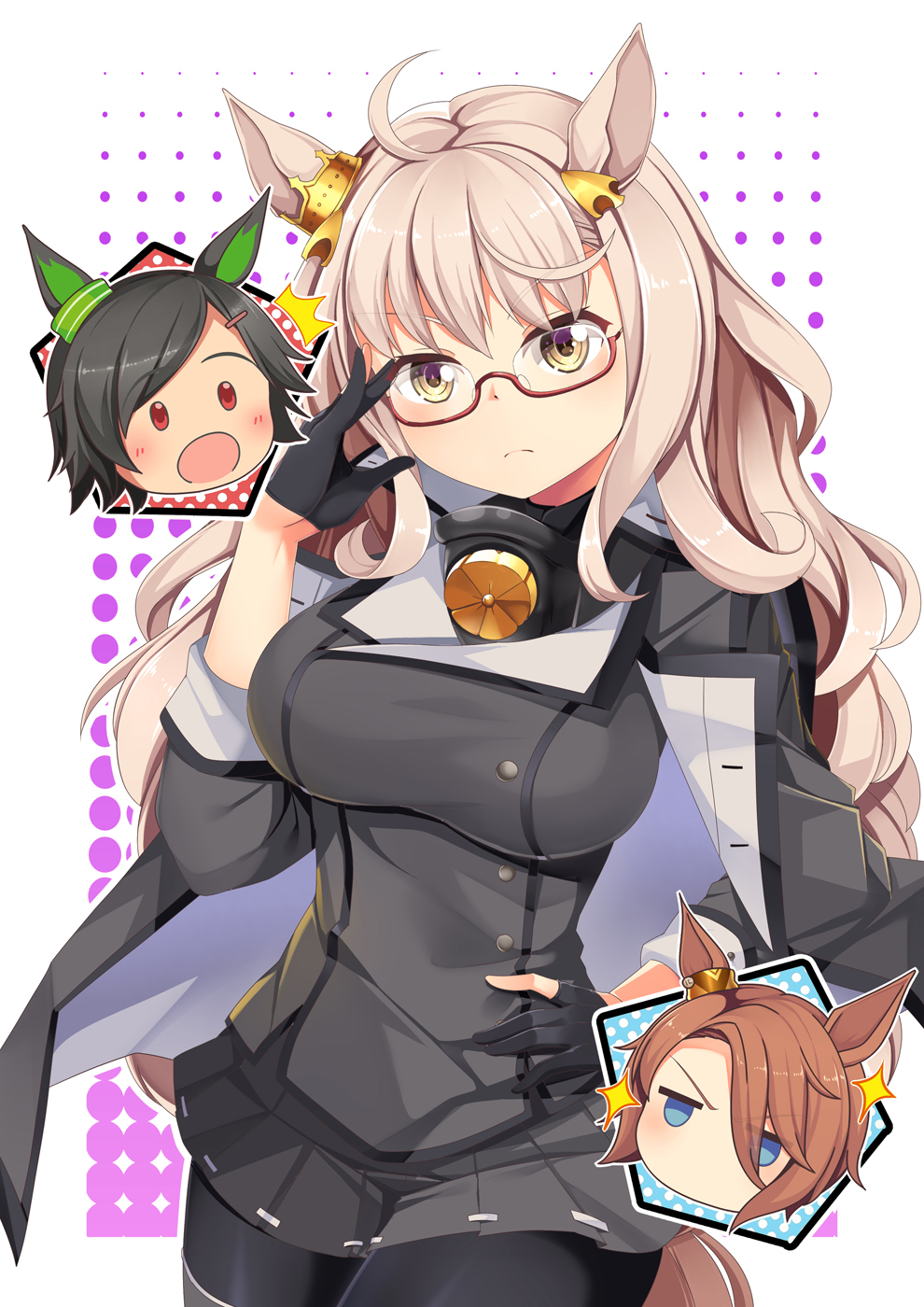 3girls :o ^^^ ahoge animal_ears biwa_hayahide_(umamusume) black_capelet black_gloves black_hair black_jacket black_legwear black_skirt blue_eyes blush bow breasts brown_eyes brown_hair capelet check_commentary closed_mouth collar commentary_request cosplay cowboy_shot crown ear_ornament ear_ribbon frown glasses gloves hair_between_eyes hair_ornament hair_over_one_eye hairclip halftone halftone_background hand_on_own_hip highres horse_ears horse_girl horse_tail inset jacket kantai_collection kikumon large_breasts long_hair looking_at_viewer mini_crown miniskirt multiple_girls musashi_(kancolle) musashi_(kancolle)_(cosplay) musashi_kai_ni_(kancolle) narita_taishin_(umamusume) no_mouth open_mouth partially_fingerless_gloves purple_background red-framed_eyewear red_eyes semi-rimless_eyewear short_hair sidelocks skirt sparkle standing tail thighhighs umamusume under-rim_eyewear very_long_hair white_background winning_ticket_(umamusume) yasume_yukito