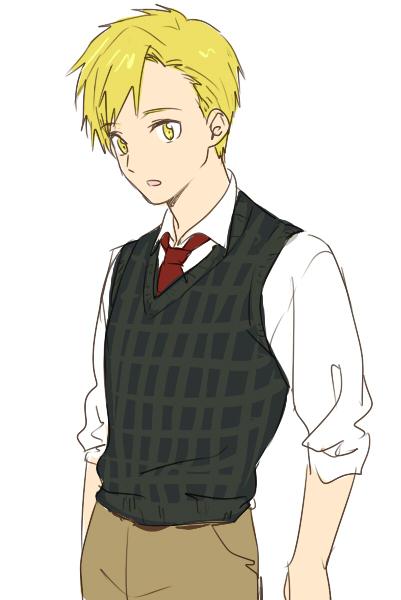 1boy alphonse_elric alternate_costume arms_at_sides beige_pants blonde_hair collared_shirt commentary_request dress_shirt expressionless formal_clothes fullmetal_alchemist grey_vest looking_afar male_focus necktie pants parted_lips plaid_clothes plaid_vest red_neckwear riru shirt simple_background sleeves_rolled_up standing swept_bangs tareme upper_body vest white_background white_shirt yellow_eyes