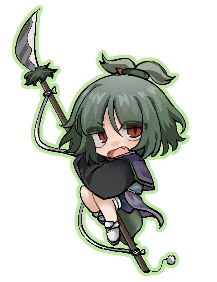 1other adagumo_no_saragimaru androgynous black_sleeves blue_shorts blue_vest brown_sandals buttons capelet chibi fangs frown green_hair green_outline hair_ornament high_ponytail holding holding_polearm holding_weapon huge_weapon japanese_clothes len&#039;en long_sleeves looking_at_viewer naginata open_mouth other_focus outline polearm pom_pom_(clothes) ponytail puffy_shorts purple_capelet red_eyes ribbon sandals short_hair short_ponytail shorts simple_background slit_pupils snake_hair_ornament socks solo split_ponytail v-shaped_eyebrows vest weapon white_background white_ribbon white_socks wide_sleeves xiao_ganju_nailuo