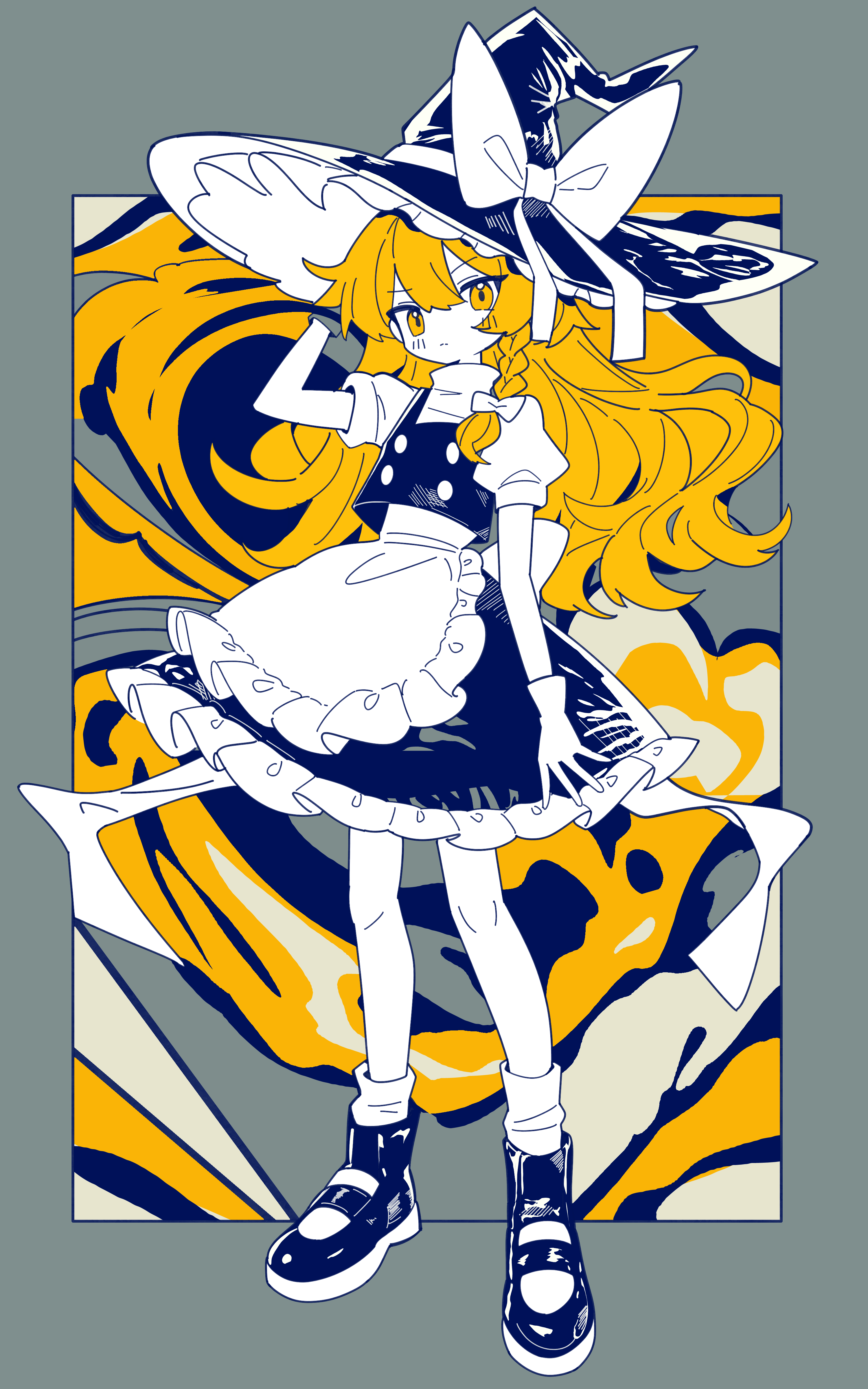1girl absurdres apron black_shoes black_skirt black_vest blonde_hair blush braid closed_mouth expressionless frills full_body gloves grey_background hair_ribbon hat highres kirisame_marisa long_hair looking_at_viewer ribbon rotoi_1234 shirt shoes short_sleeves skirt socks solo touhou vest white_gloves white_shirt white_socks witch_hat yellow_eyes