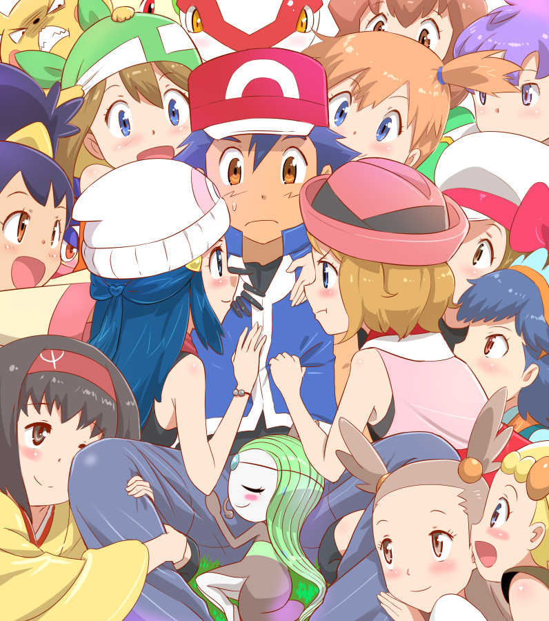 &gt;:t 1boy 6+girls :d :t anabel_(pokemon) angry ash_ketchum back bandana bare_shoulders baseball_cap bayleef bianca_(pokemon_heroes) black_eyes black_gloves black_hair blonde_hair blue_eyes blue_hair blush bonnie_(pokemon) bracelet brown_eyes brown_hair clenched_teeth closed_eyes closed_mouth commentary_request dark-skinned_male dark_skin dawn_(pokemon) denim erika_(pokemon) frontier_brain frown gem gen_1_pokemon gen_2_pokemon gen_3_pokemon gen_5_pokemon gen_6_pokemon gloves grass greninja gym_leader hair_between_eyes hair_ornament hairband harem hat headpiece headscarf headset heart hug iris_(pokemon) japanese_clothes jasmine_(pokemon) jealous jeans jewelry kimono latias legendary_pokemon light_brown_hair long_hair long_sleeves lyra_(pokemon) may_(pokemon) may_(pokemon_emerald) meloetta meloetta_(aria) miette_(pokemon) misty_(pokemon) multicolored_gloves multiple_girls mushi_gyouza mythical_pokemon nintendo one_eye_closed open_mouth orange_eyes orange_hair pants pearl_(gemstone) pikachu pokemon pokemon_(anime) pokemon_(classic_anime) pokemon_(creature) pokemon_bw_(anime) pokemon_dppt_(anime) pokemon_heroes:_latios_&amp;_latias pokemon_rse_(anime) pout purple_eyes red_eyes revision serena_(pokemon) shaded_face short_hair side_ponytail sitting sleeveless smile sweatdrop tareme teeth thighhighs two_side_up v-shaped_eyebrows white_gloves wide_sleeves