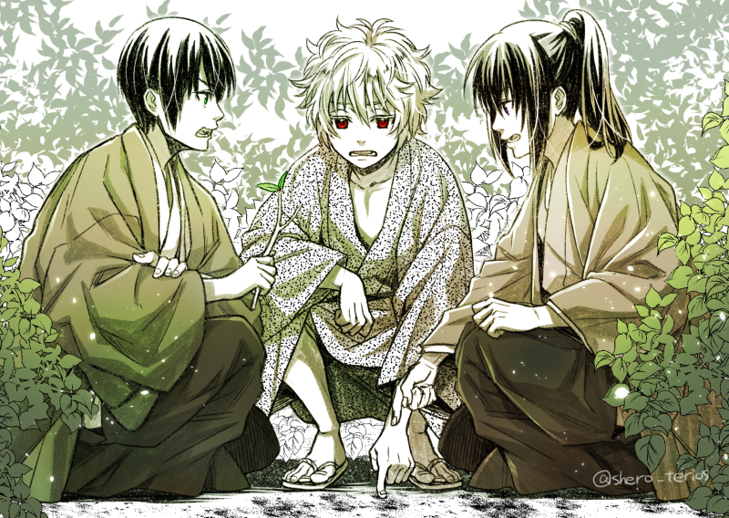 3boys aged_down collarbone gintama green_eyes hair_between_eyes hakama hakama_pants holding holding_stick japanese_clothes katsura_kotarou kimono long_sleeves male_focus multiple_boys open_mouth pants pointing ponytail profile red_eyes sakata_gintoki sandals squatting stick takasugi_shinsuke tsurumura_ichiru twitter_username wide_sleeves