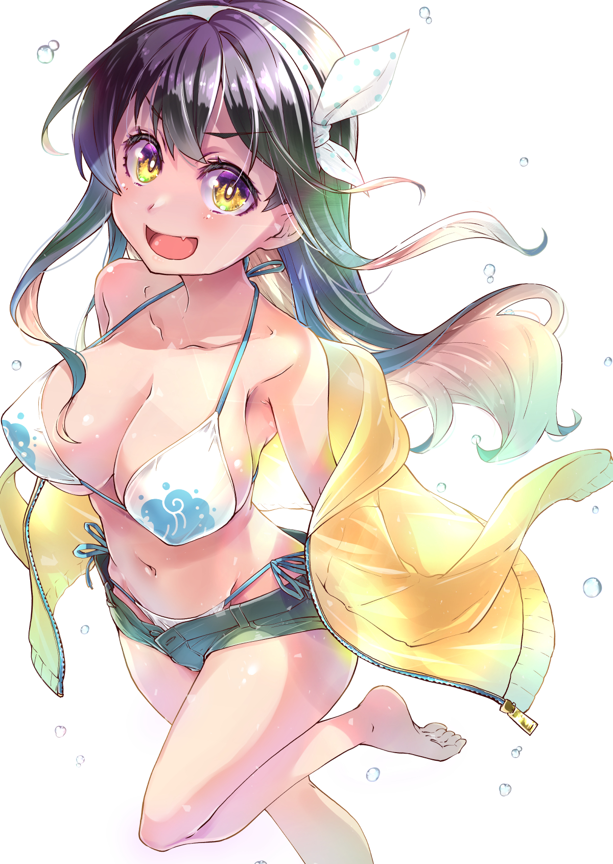 1girl :d armpits bare_legs bare_shoulders barefoot bikini black_hair breasts cleavage collarbone colored_inner_hair covered_erect_nipples denim denim_shorts eyelashes fang floating_hair foot_out_of_frame foot_up from_above gradient_hair green_shorts hair_between_eyes hairband halterneck highres hood hooded_jacket imu_sanjo jacket jacket_partially_removed kantai_collection large_breasts long_hair looking_at_viewer looking_up multicolored_hair naganami_(kancolle) navel open_clothes open_jacket open_mouth open_shorts polka_dot_hairband print_bikini short_shorts shorts side-tie_bikini_bottom sidelocks simple_background skin_fang smile solo standing standing_on_one_leg string_bikini swimsuit toes tongue unbuttoned v-shaped_eyebrows water_drop wavy_hair white_background yellow_eyes yellow_jacket zipper