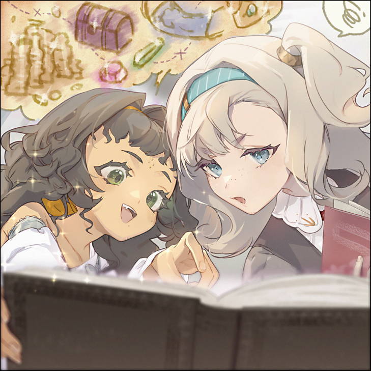 2girls :d :o black_hair blue_eyes blurry blurry_foreground book coin facial_mark forehead_mark gem gold_coin green_eyes green_gemstone grey_hair heads_together holding holding_book kanjira long_hair matilda_bouanich medium_hair multiple_girls one_side_up open_book open_mouth pointing reading red_gemstone reverse:1999 shirt short_eyebrows smile speech_bubble spoken_object spoken_squiggle squiggle susii treasure_chest upper_body white_background white_shirt