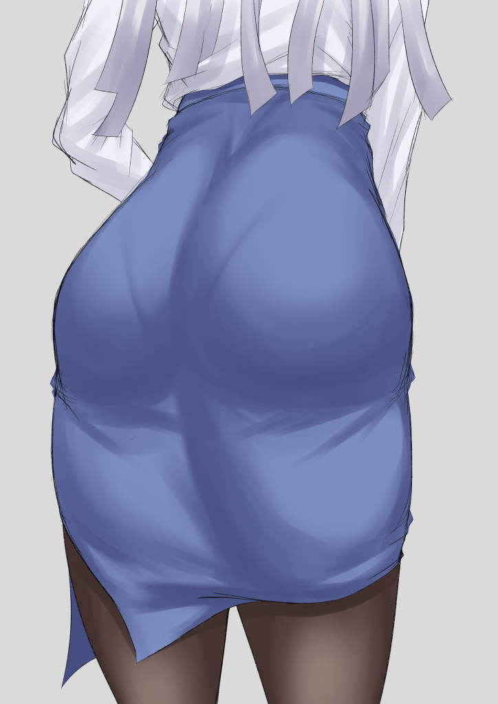 1girl ass ass_focus black_pantyhose blue_skirt frolaytia_capistrano heavy_object iita_nori long_hair long_sleeves pantyhose shirt skirt solo white_hair white_shirt