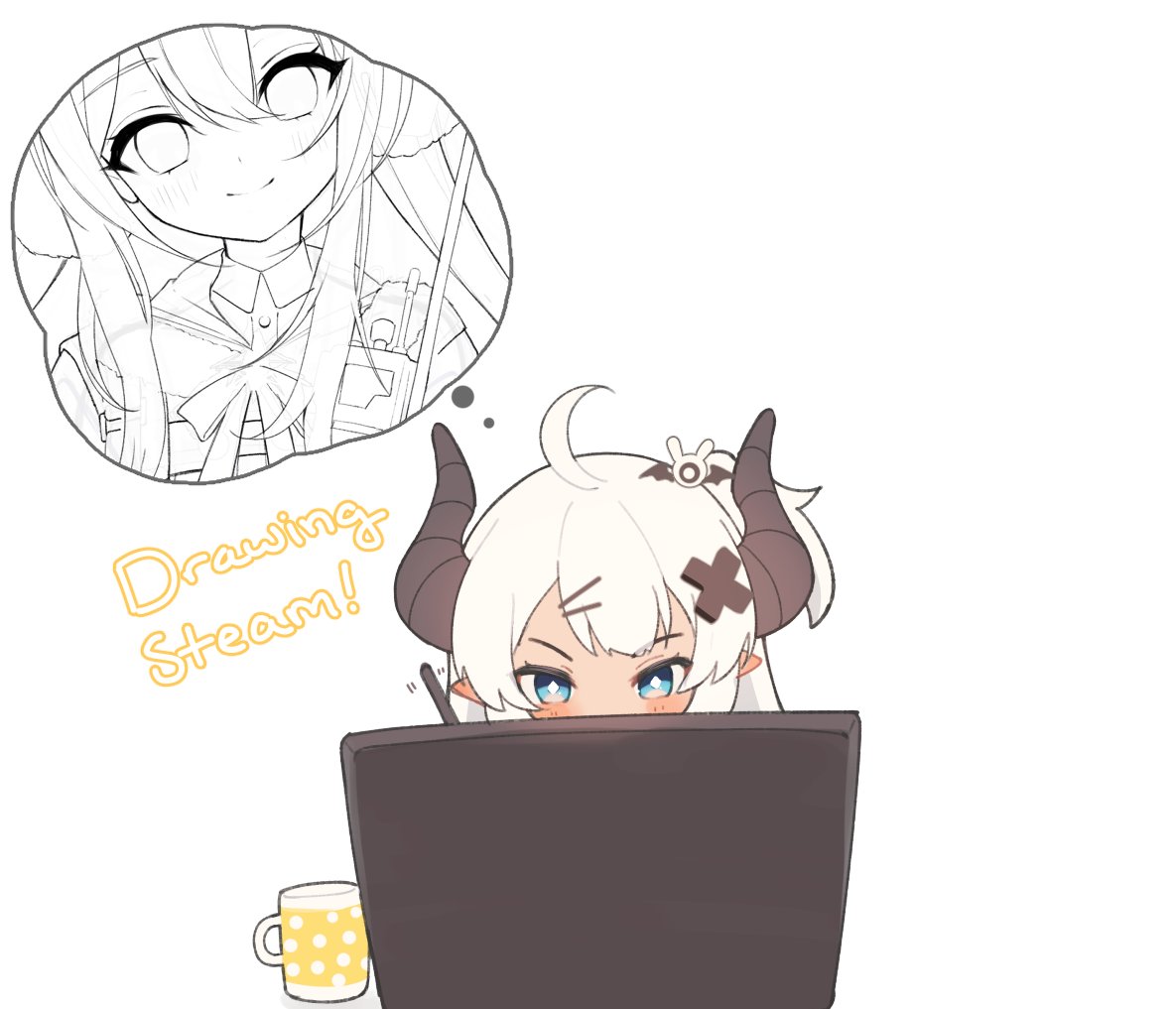 1girl ahoge asagawa_mikan asagawa_mikan_(peachy_michi) blue_eyes blush fang hair_ornament long_hair looking_at_viewer open_mouth original pointy_ears shirt short_hair simple_background skin_fang smile solo virtual_youtuber white_background white_hair working