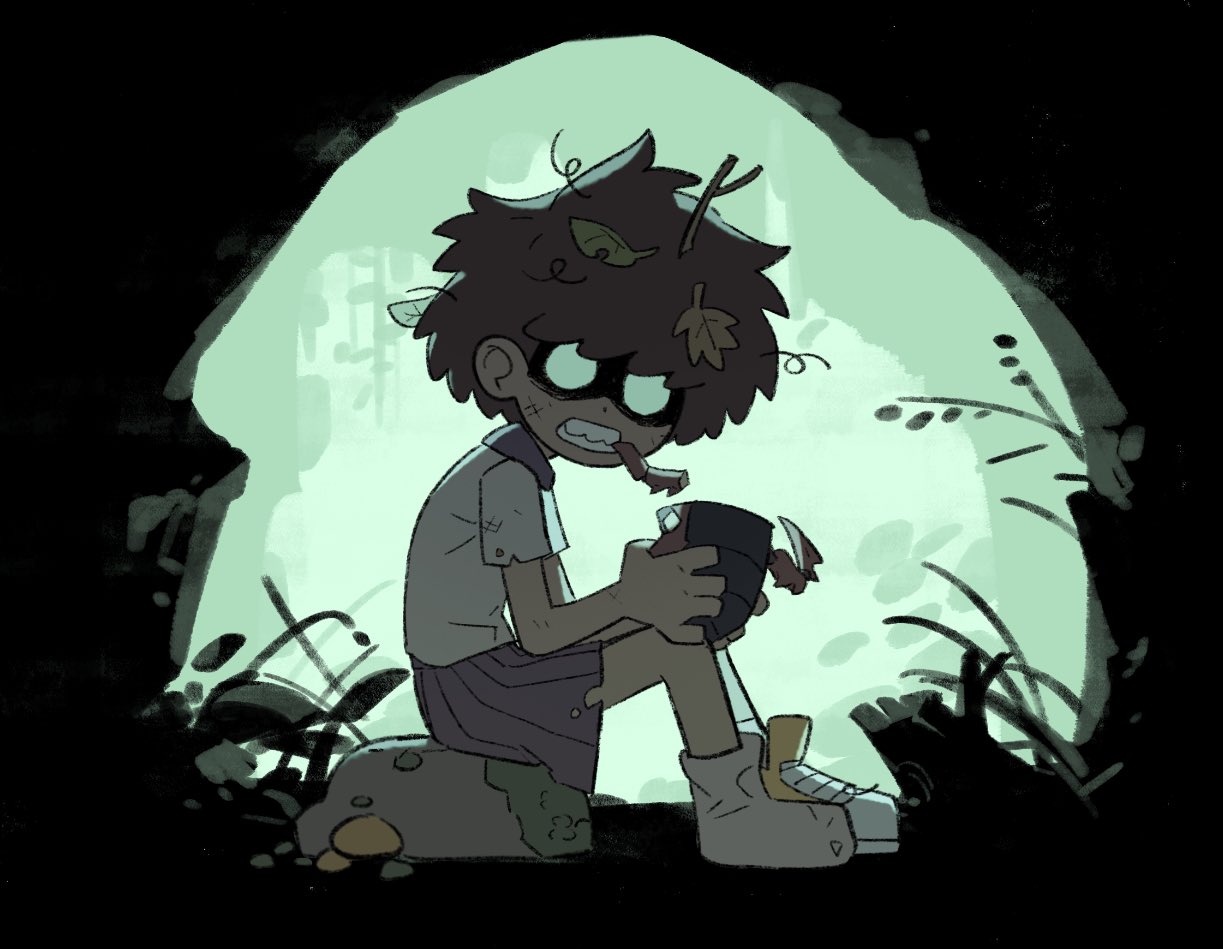 1girl amphibia angry anne_boonchuy brown_hair bug cave clenched_teeth dark-skinned_female dark_skin eating from_side grass hsffff4444 leaf leaf_on_head looking_at_viewer o_o pleated_skirt purple_skirt school_uniform shaded_face shoes short_hair single_shoe sitting sjms_school_uniform skirt socks teeth