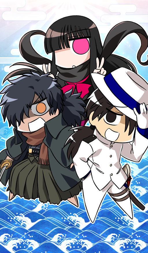 1girl 2boys adjusting_clothes adjusting_headwear angry belt black_hair black_scarf black_serafuku black_shirt blue_background blue_ribbon blue_shirt blunt_bangs brown_eyes brown_hair buttons chibi chibi_only coat commentary double_v expressionless fate/grand_order fate_(series) floating floating_hair floating_scarf full_body gloves green_coat green_hakama grey_kimono hair_over_one_eye hair_tie hakama hakama_pants hand_in_pocket hat hat_ribbon high_collar holding holding_sword holding_weapon jacket japanese_clothes katana keikenchi kimono long_hair long_sleeves low_ponytail midair multiple_boys neckerchief official_art okada_izou_(fate) open_mouth orange_eyes orange_scarf oryou_(fate) outline pants pink_eyes pink_neckerchief plain_epaulettes ponytail ribbon sakamoto_ryouma_(fate) scarf school_uniform serafuku shaded_face sheath shirt standing sword thigh_belt thigh_strap third-party_source trilby v v-shaped_eyebrows weapon white_gloves white_hat white_jacket white_outline white_pants
