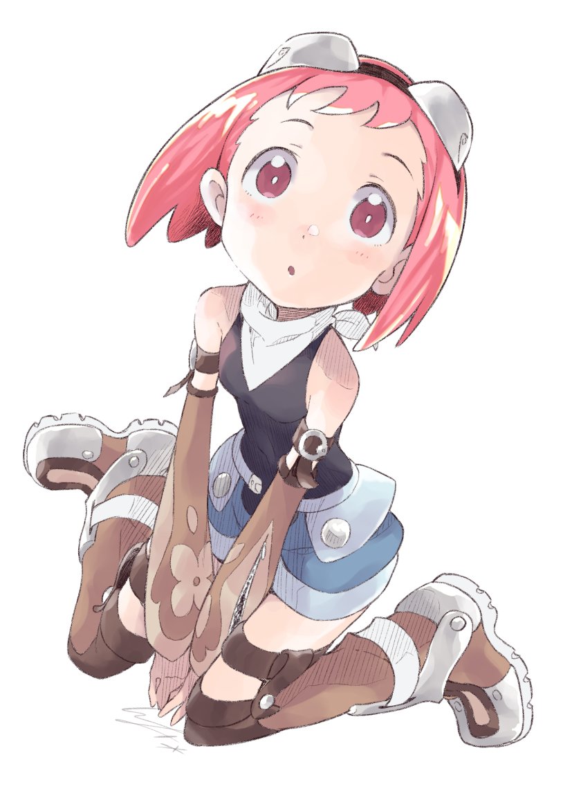1girl aero_(mega_man) bare_shoulders blush breasts detached_sleeves female_focus goggles goggles_on_head io_naomichi kneeling looking_at_viewer mega_man_(series) mega_man_legends_(series) mega_man_legends_3 neckerchief pink_eyes pink_hair shoes short_hair short_shorts shorts simple_background sleeveless small_breasts solo tareme white_background white_neckerchief