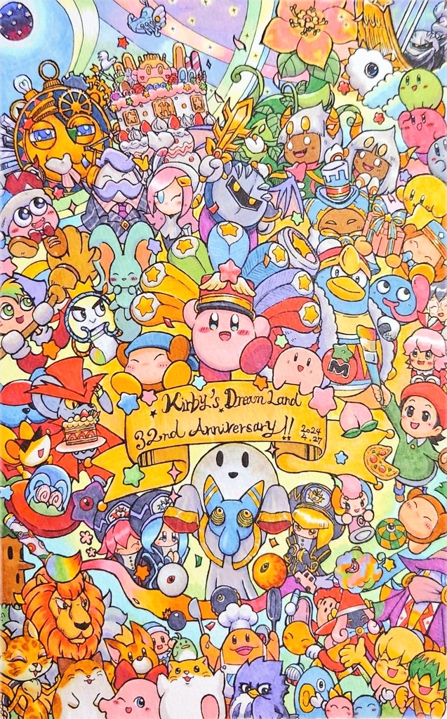adeleine anniversary apron awoofy bandana bat_wings beret black_eyes black_hair blonde_hair blue_bandana blue_eyes blue_hair blush bow bowtie broom brown_footwear bun_(kirby) cake cape car character_request chef_kawasaki chuchu_(kirby) clawroline closed_eyes coo_(kirby) copyright_name copyright_request crown dark_crafter dark_meta_knight dark_mind dark_nebula daroach dimension_mirror doc_(kirby) drawcia dreamstalk elfilin facial_hair festival_kirby flamberge_(kirby) flower food francisca_(kirby) fruit frying_pan fumu_(kirby) galaxia_(sword) gift glasses gooey_(kirby) green_eyes green_hair gryll_(kirby) hair_over_eyes hair_ribbon hat holding holding_frying_pan holding_gift holding_paint_palette holding_paint_palette holding_sword holding_weapon hyness kine_(kirby) king_dedede kirby kirby&#039;s_dream_land kirby&#039;s_epic_yarn kirby&#039;s_return_to_dream_land_deluxe kirby:_planet_robobot kirby:_star_allies kirby_(series) kirby_64 kirby_and_the_amazing_mirror kirby_and_the_forgotten_land kirby_canvas_curse kirby_squeak_squad lalala_(kirby) leongar lololo_(kirby) lor_starcutter magolor marx_(kirby) max_profitt_haltmann maxim_tomato meta_knight mirror motor_vehicle multiple_boys multiple_girls mustache nago_(kirby) nintendo notched_ear one_eye_closed onigiri open_mouth paint_palette paint_roller_(kirby) paintra paint_palette pink_hair pitch_(kirby) pizza prince_fluff purple_hair queen_sectonia red_bandana red_bow red_bowtie red_cape red_footwear red_hair red_ribbon ribbon ribbon_(kirby) rick_(kirby) ripple_star_queen robobot_armor sannba shadow_dedede shadow_kirby smile sunglasses susie_(kirby) sword taranza tongue tongue_out top_hat traditional_media tree void_(kirby) void_termina waddle_dee weapon whispy_woods white_hair wings witch_hat zan_partizanne zero_(kirby)