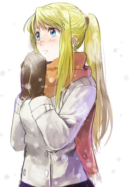 1girl blonde_hair blue_eyes blush brown_gloves cowboy_shot earrings expressionless female_focus fullmetal_alchemist gloves jacket jewelry long_hair looking_up orange_scarf own_hands_together ponytail riru scarf shaded_face simple_background snow snowflakes snowing solo steam upper_body white_background winry_rockbell winter
