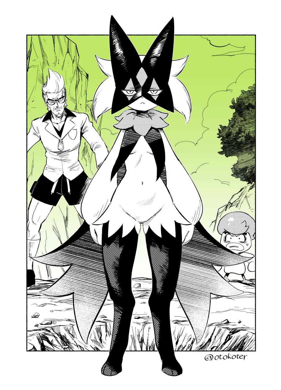 1boy 1girl body_fur breasts character_request clavell_(pokemon) closed_mouth commentary_request dragon_ball dragonball_z full_body furry furry_female glasses highres looking_at_another looking_at_viewer meowscarada navel nintendo outdoors parody pokemon pokemon_(creature) pokemon_sv quaxly short_hair small_breasts standing ter_(otokoter) twitter_username