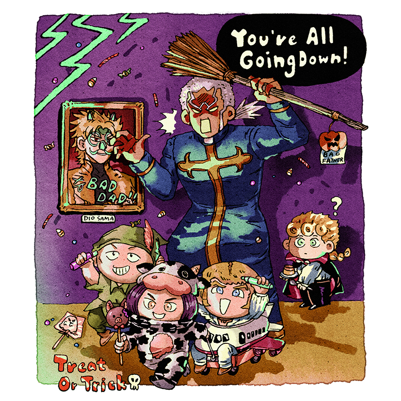 6+boys aged_down airplane_costume animal_costume blonde_hair broom brothers candy cape cassock child confetti cosplay cow_costume dark-skinned_male dark_skin dio_brando donatello_versus drawing_(object) enrico_pucci fake_facial_hair fake_mustache family food giorno_giovanna halloween halloween_costume hat_feather holding holding_candy holding_food holding_lollipop jojo_no_kimyou_na_bouken kotobawa lollipop marker multiple_boys peter_pan_(character)_(cosplay) peter_pan_(novel) peter_pan_(novel_character) ponytail priest pudding rikiel siblings sideburns stone_ocean surprised ungaro vampire_costume white_hair