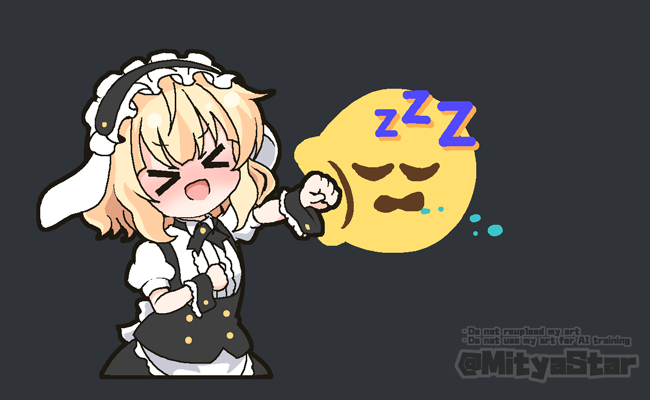 &gt;_&lt; 1girl :d animal_ears apron black_hairband black_skirt blonde_hair blush chibi closed_eyes commentary_request emoji employee_uniform english_text fake_animal_ears fleur_de_lapin_uniform floppy_ears frilled_hairband frills gochuumon_wa_usagi_desu_ka? grey_background hairband kirima_syaro mitya nose_blush open_mouth puffy_short_sleeves puffy_sleeves punching rabbit_ears saliva shirt short_sleeves simple_background skirt smile solo twitter_username watermark white_apron white_shirt wrist_cuffs xd