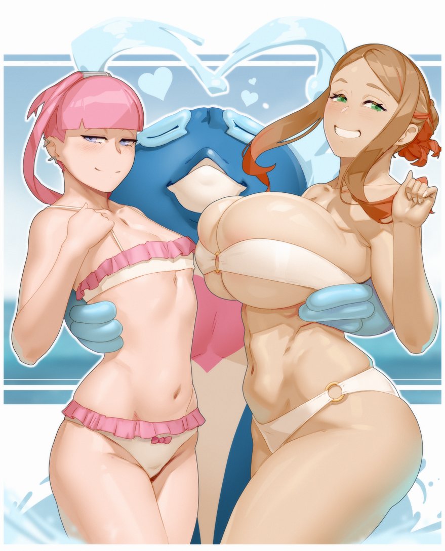 1other 2girls alternate_breast_size arm_around_waist bikini blunt_bangs breast_envy breasts brown_hair flat_chest frilled_bikini frills girl_sandwich huge_breasts materclaws mollie_(pokemon) multiple_girls navel nintendo o-ring o-ring_bikini orla_(pokemon) palafin palafin_(hero) parted_bangs pink_hair pokemon pokemon_(anime) pokemon_horizons sandwiched small_breasts stomach strapless strapless_bikini swimsuit thighs toned toned_female