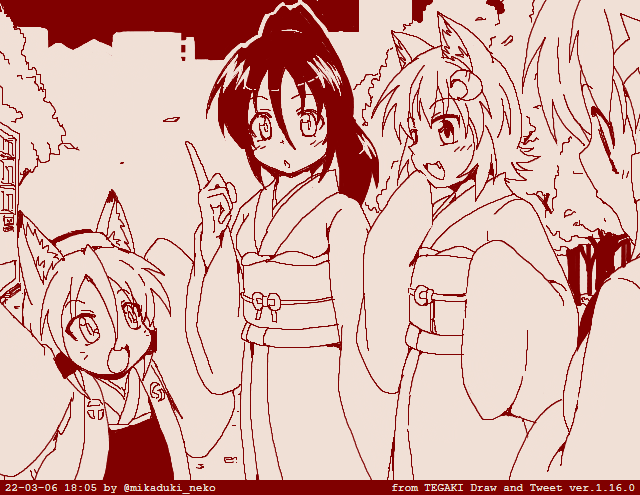 4girls animal_ears breasts cat_ears commentary_request crescent crescent_hair_ornament fang hair_ornament hakama haori index_finger_raised japanese_clothes kimono mikazuki_neko mikazuki_neko_(character) monochrome multiple_girls original outstretched_arms ponytail sleeves_past_fingers sleeves_past_wrists small_breasts tegaki_draw_and_tweet tree