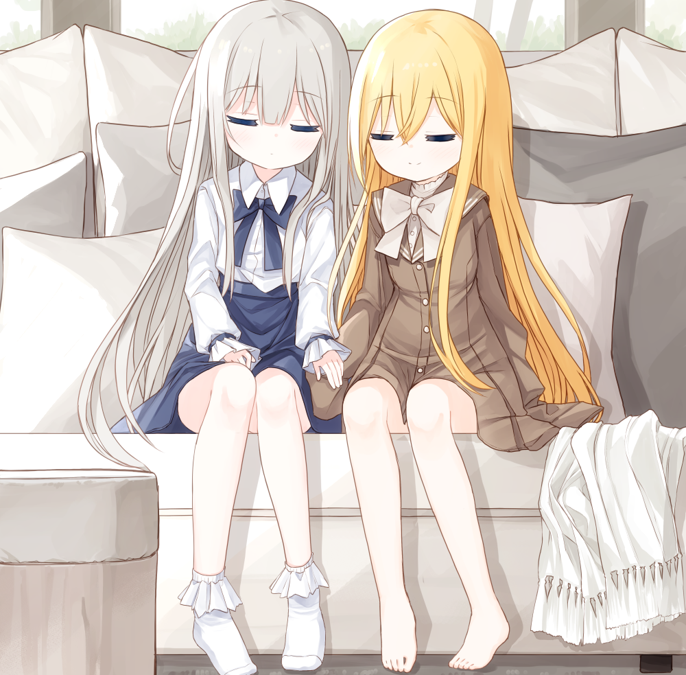 2girls barefoot blonde_hair blue_bow blue_skirt bobby_socks bow brown_dress brown_sailor_collar closed_eyes closed_mouth collared_shirt couch dress dress_shirt facing_viewer flower_girl_(yuuhagi_(amaretto-no-natsu)) fringe_trim grey_hair hair_between_eyes healer_girl_(yuuhagi_(amaretto-no-natsu)) indoors long_hair long_sleeves multiple_girls no_shoes on_couch original pillow sailor_collar shirt sitting skirt sleeping sleeping_upright sleeves_past_fingers sleeves_past_wrists smile socks very_long_hair white_bow white_legwear white_shirt yuuhagi_(amaretto-no-natsu)