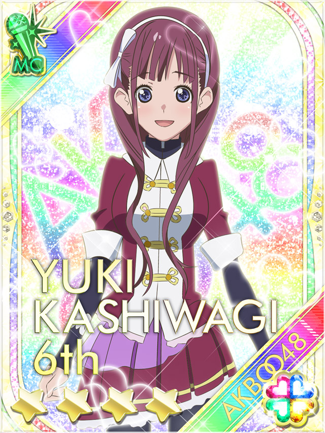 1girl :d akb0048 black_shirt blue_eyes bow bow_hairband card_(medium) character_name copyright_name cowboy_shot fanged_bangs hair_bow hairband heart jacket kashiwagi_yuki_(akb0048) layered_sleeves long_hair long_sleeves non-web_source official_art open_mouth pleated_skirt purple_hair red_skirt shirt short_over_long_sleeves short_sleeves skirt smile solo sparkle standing star_(symbol) white_bow white_hairband